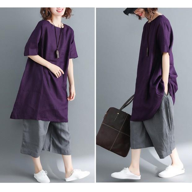 Đầm suông linen cổ tròn tay lỡ Basic, thời trang hè thu 2021