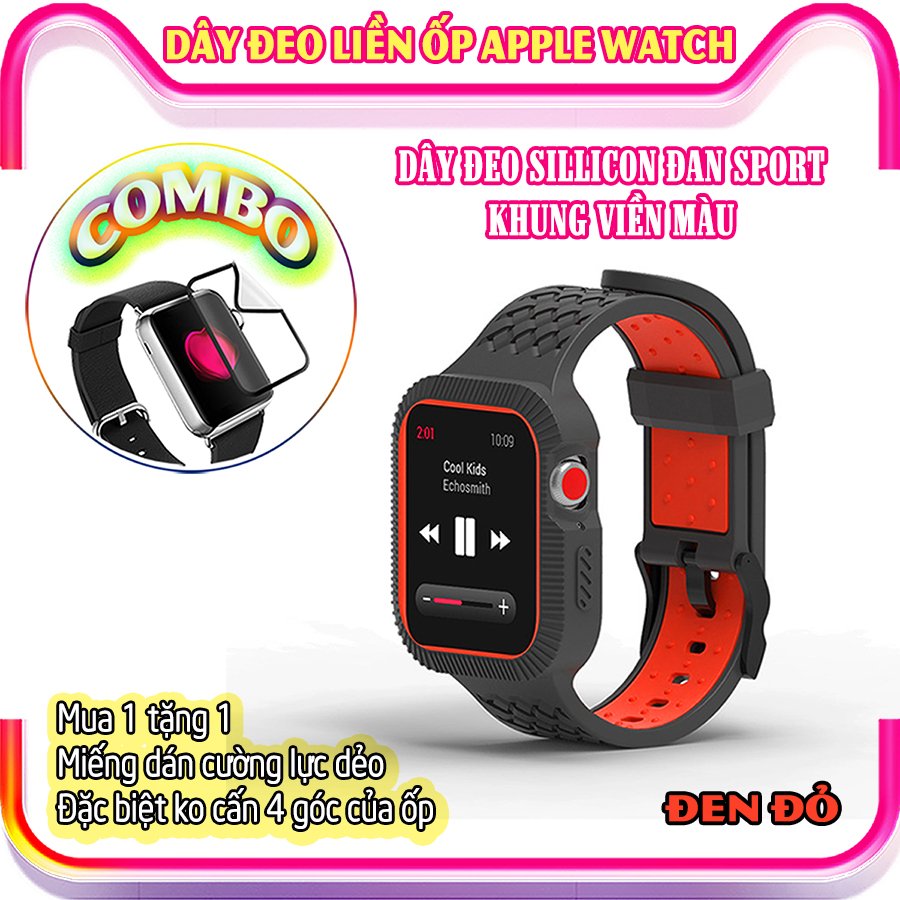 Mua Dây Đeo Apple Watch Tặng Miếng Dán Cường Lực Apple Watch Series Se/6/5/4/3/2/1 - Dây Đeo Apple Watch sillicon đan Sport liền ốp khung viền màu size 38/40/42/44mm - đủ màu