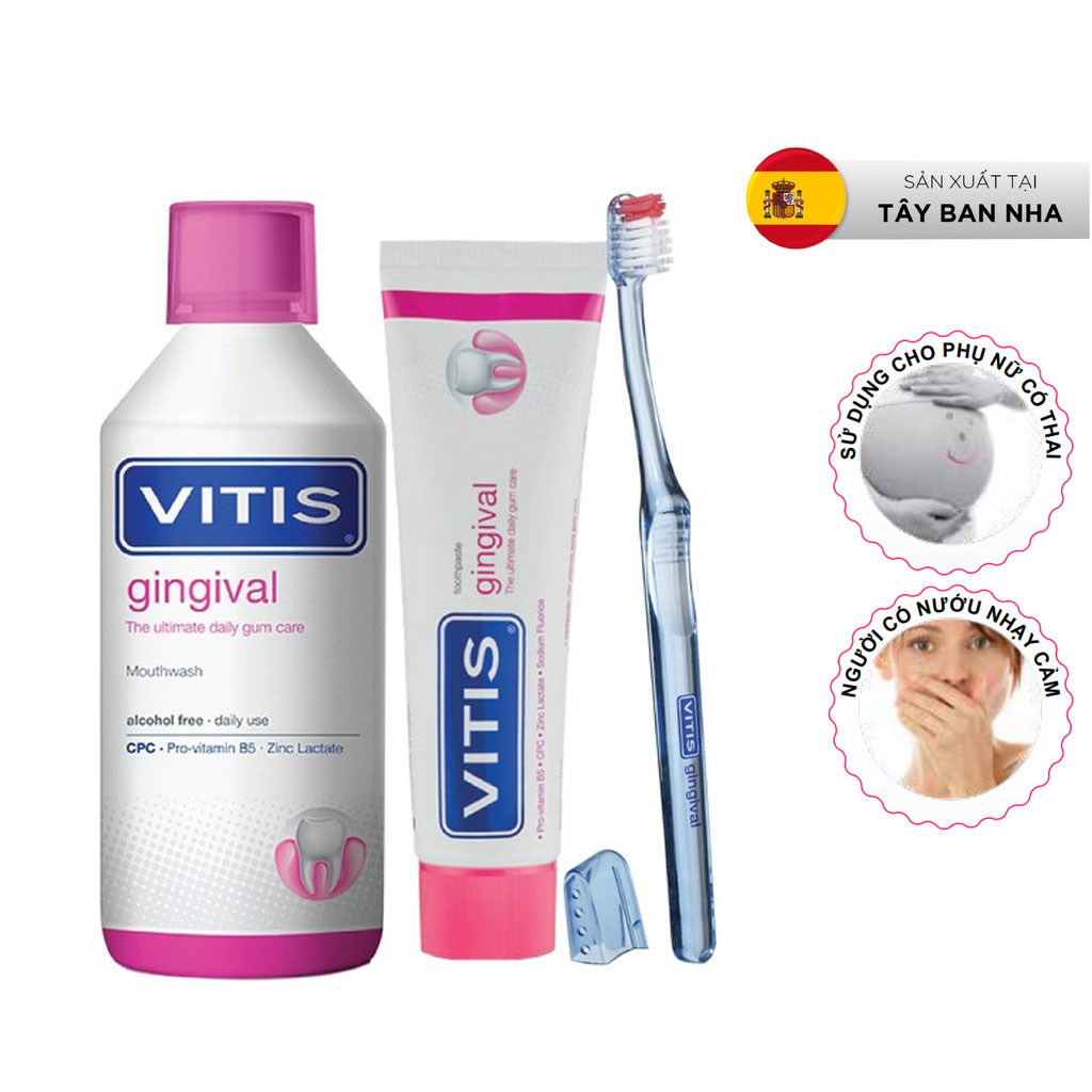 Bộ chăm sóc răng miệng dành cho nướu nhạy cảm Vitis Gingival Mixed Pack (Nước súc miệng 500ml, kem đánh răng 100ml và bàn chảil, dùng được cho phụ nữ mang thai, cho con bú)