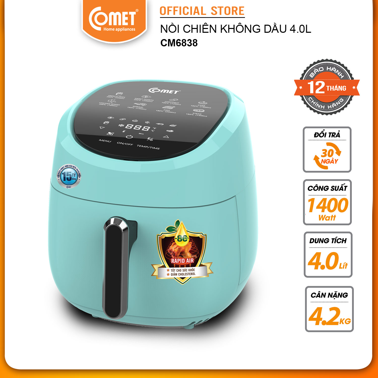 Nồi Chiên Không Dầu Điện Tử Comet CM6838 4L - Hàng Chính Hãng