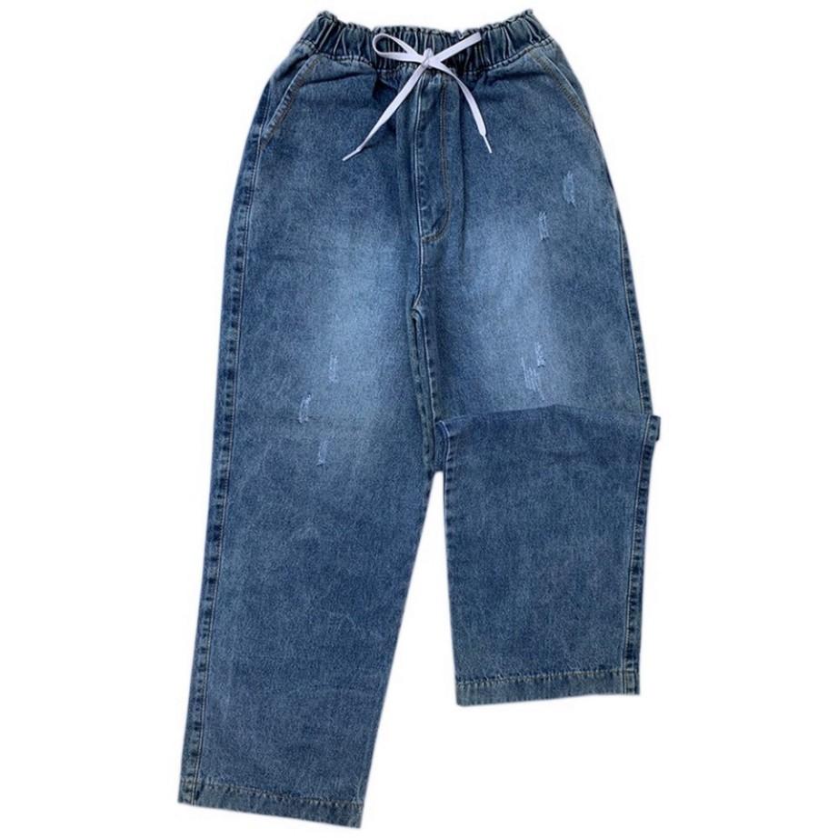 Quần jean ống rộng Unisex QJ004 - Quần jeans ống suông lưng cao qua rốn - Không dãn Xanh trơn