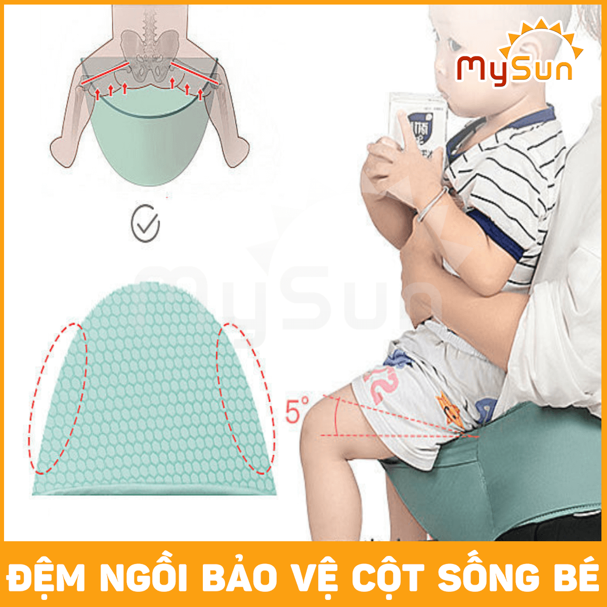 Đai địu vải lưới có bệ ngồi 4 tư thế cho trẻ sơ sinh, em bé 1 2 3 … 36 tháng tuổi đi xe máy MySun