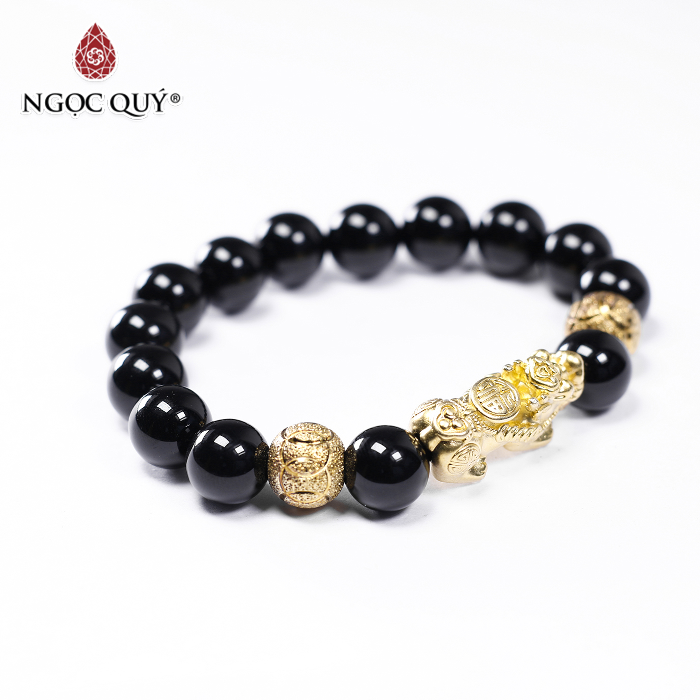 Vòng tay đá obsidian phối tỳ hưu bạc mạ vàng size hạt 10mm mệnh thủy, mộc - Ngọc Quý Gemstones