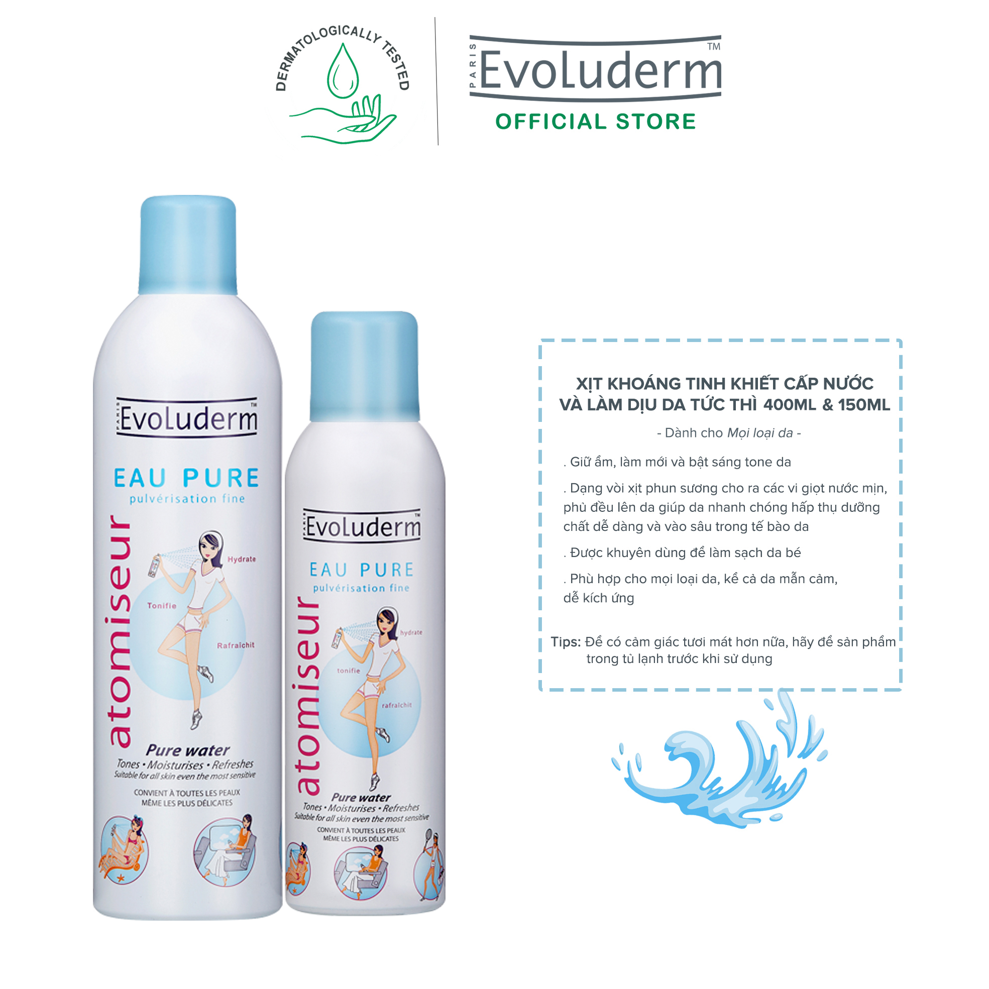 Bộ xịt khoáng dưỡng da cấp ẩm Evoluderm Atomiseur Eau Pure 400ml và 150ml