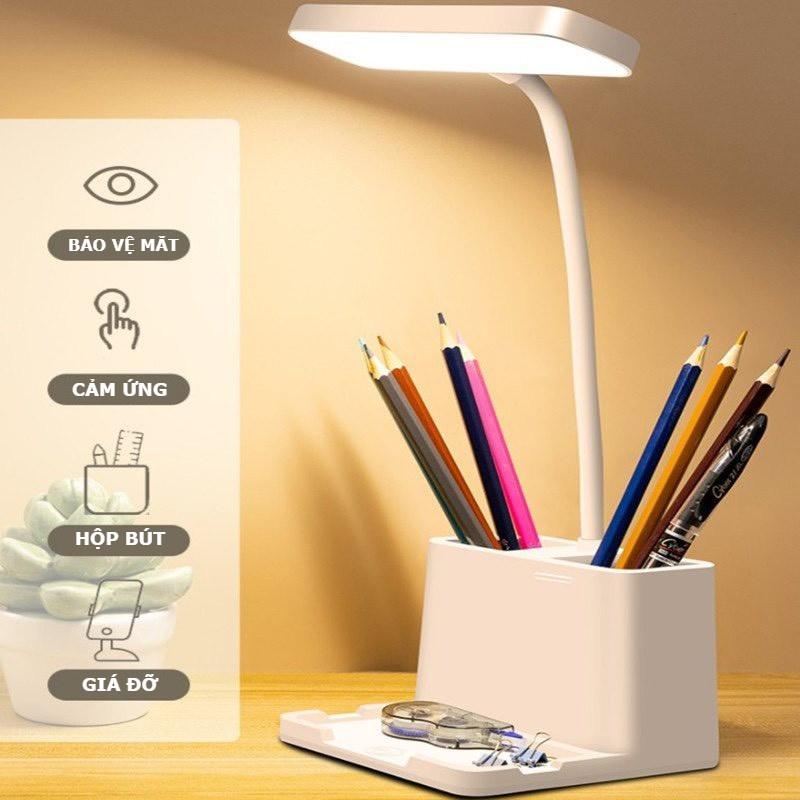 Đèn học chống cận thị HUGAM tích điện, đèn học cho bé để bàn có ngăn đựng bút, pin tích điện 3 màu sáng chạm cảm ứng đổi màu