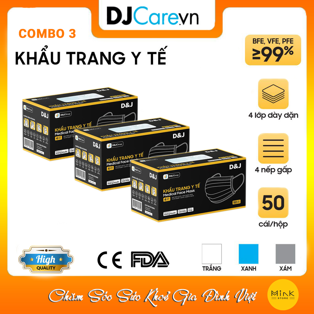 [CHÍNH HÃNG] Khẩu Trang Y Tế Kháng Khuẩn 4 Lớp D&amp;J/Tiêu Chuẩn Quốc Tế/Hộp 50 Cái