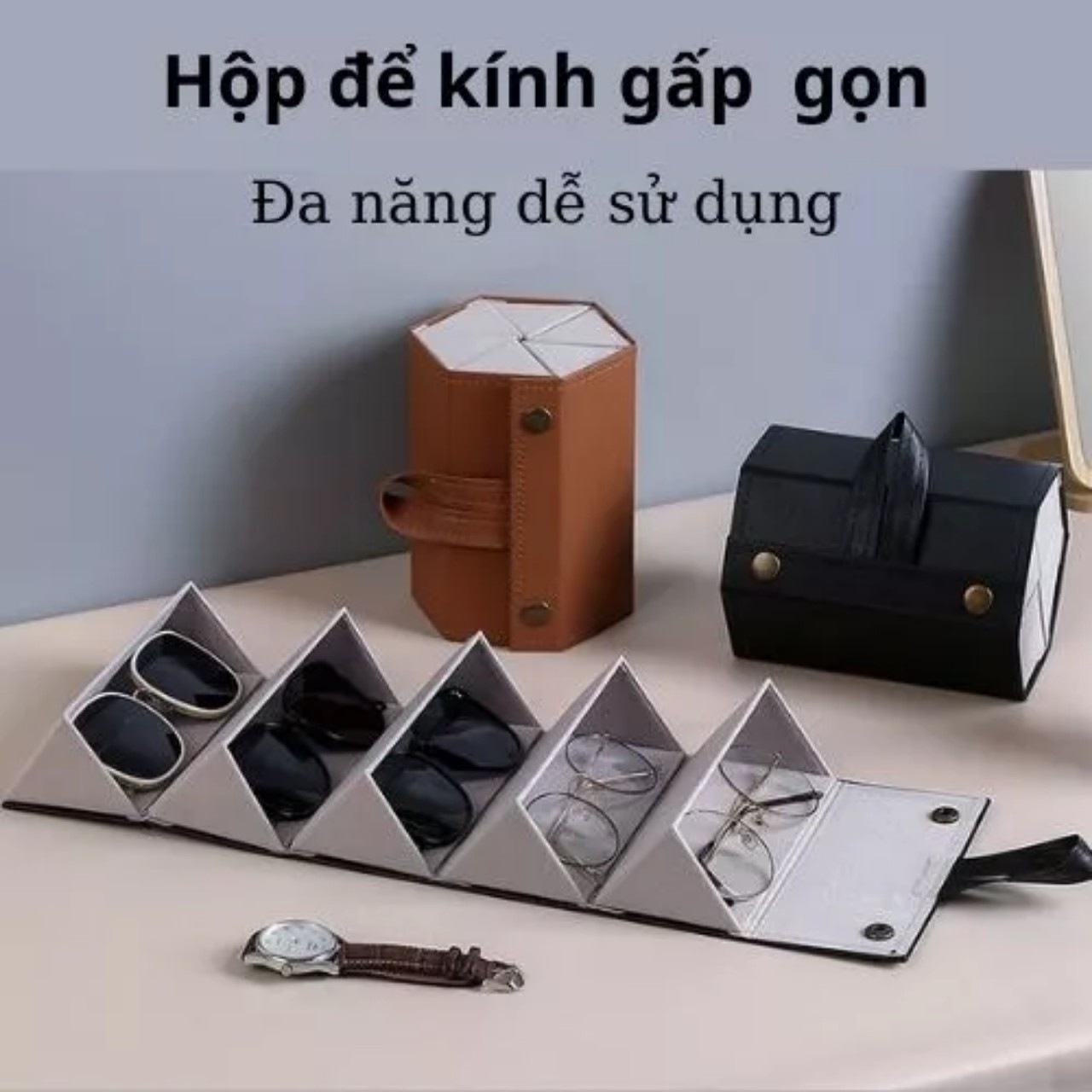 Hộp Đựng Kính Mắt 3 Ngăn, 5 Ngăn Bằng Da Pu Treo Tường, Gấp Gọn, Tiện Lợi, Sang Trọng Bảo Vệ Kính Mắt An Toàn Hiệu Quả - Hàng Chính Hãng MINIIN