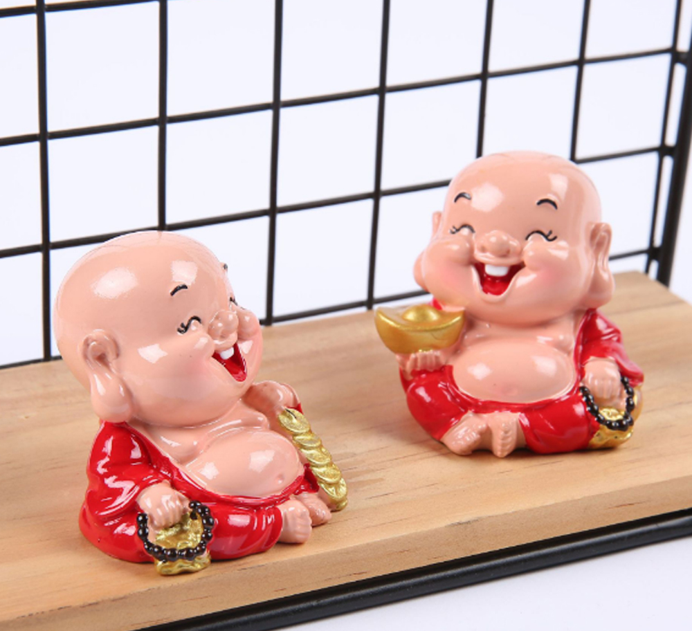 Bộ đôi tượng chibi Di Lặc 6cm kèm túi đỏ chữ Phát và chân đế giả đá size nhỏ