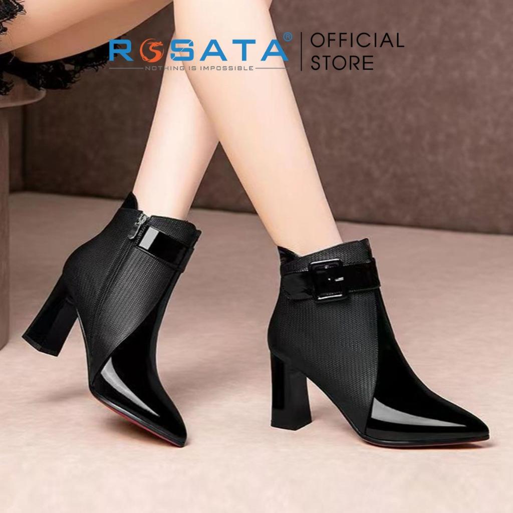 Giày bốt nữ ROSATA RO603 cổ cao mũi nhọn êm chân cao cấp khóa kéo gót trụ cao 5cm màu đen xuất xứ Việt Nam - Đen