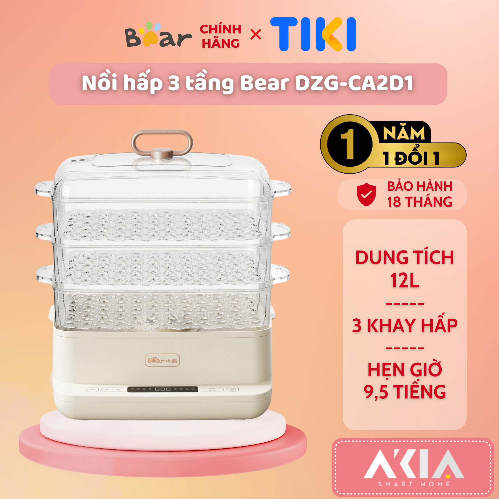 Nồi hấp 3 tầng đa năng Bear DZG-CA2D1 - Dung tích 12L, 6 chức năng nấu, Cài đặt hẹn giờ - Hàng chính hãng, Bản quốc tế