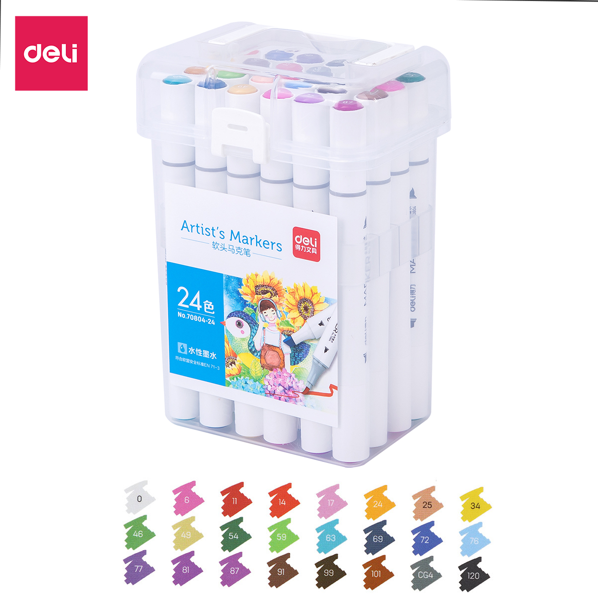 Bút màu marker thân tròn hai đầu ngòi brush Deli – Marker hộp nhựa – 12 24 36 48 60 Màu – 70804 – 24 màu