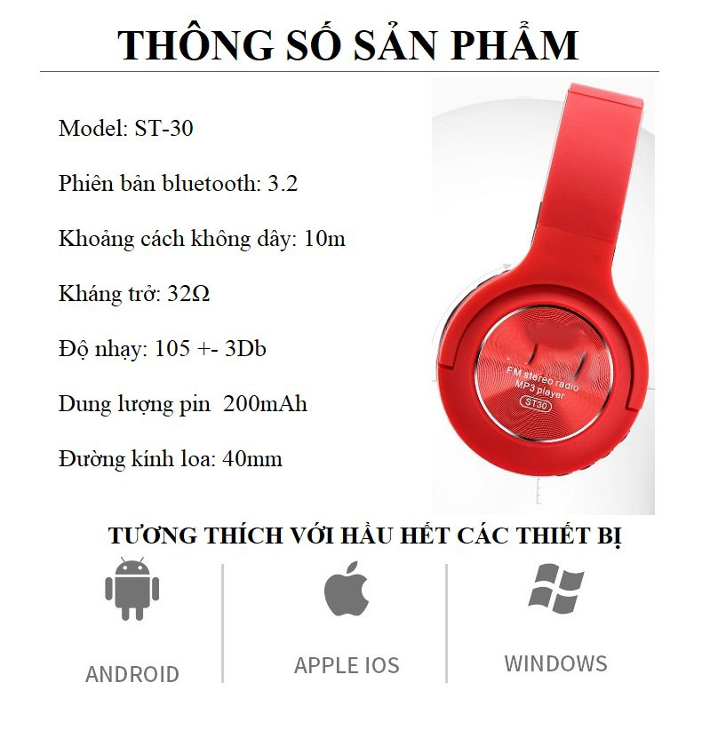 Tai Nghe Không Dây ST.30 Âm Trầm Mạnh Mẽ, Thiết Kế Gọn Nhẹ