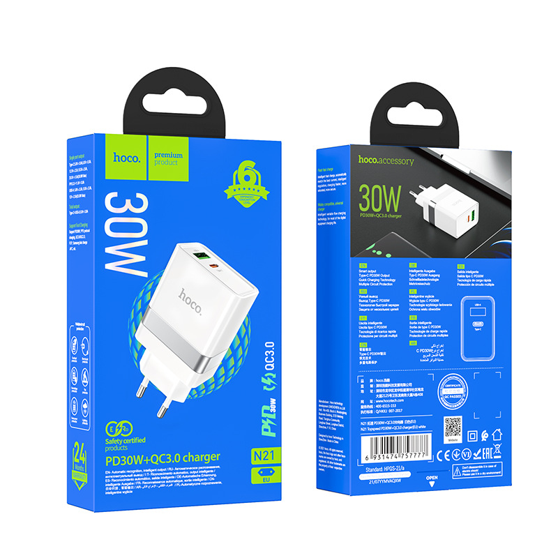 Cốc sạc PD30W Hoco N21 chân tròn cổng USB và Type-C chất liệu cao cấp chống cháy - Hàng chính hãng