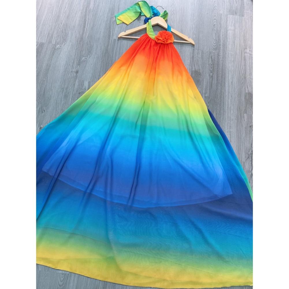 Đầm váy maxi mango lót lụa mút ngực loang màu cổ yếm hoa kèm ảnh thật shop tự chụp đi biển dự tiệc dạo phố bigsize