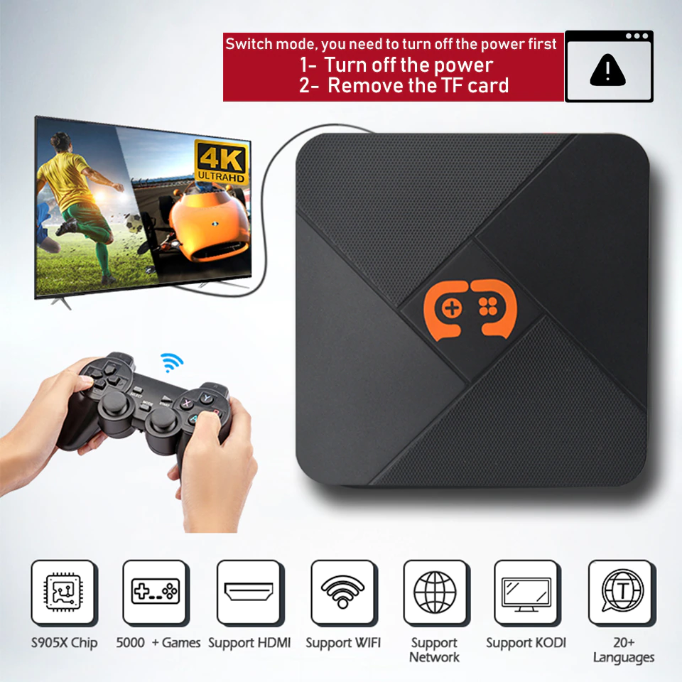 Máy chơi game điện tử gamer 4 nút hdmi - Máy trò chơi điện tử 4K HDR android TV chạy game 8bit - 64 bit - Hỗ trợ 4 tay cầm - Hỗ trợ kết nối LAN - 20 ngôn ngữ khác nhau Hệ thống Android 7.1, hỗ trợ KODI, hỗ trợ kết nối màn hình