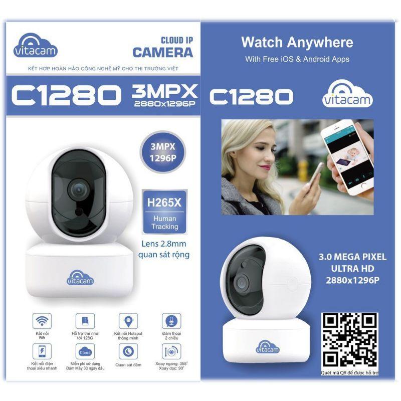 Camera IP Wifi Vitacam C1280 (New 2021) 2.0Mp Ultra HD, Quan Sát Ban Đêm Xoay 360 Độ - Hàng chính hãng