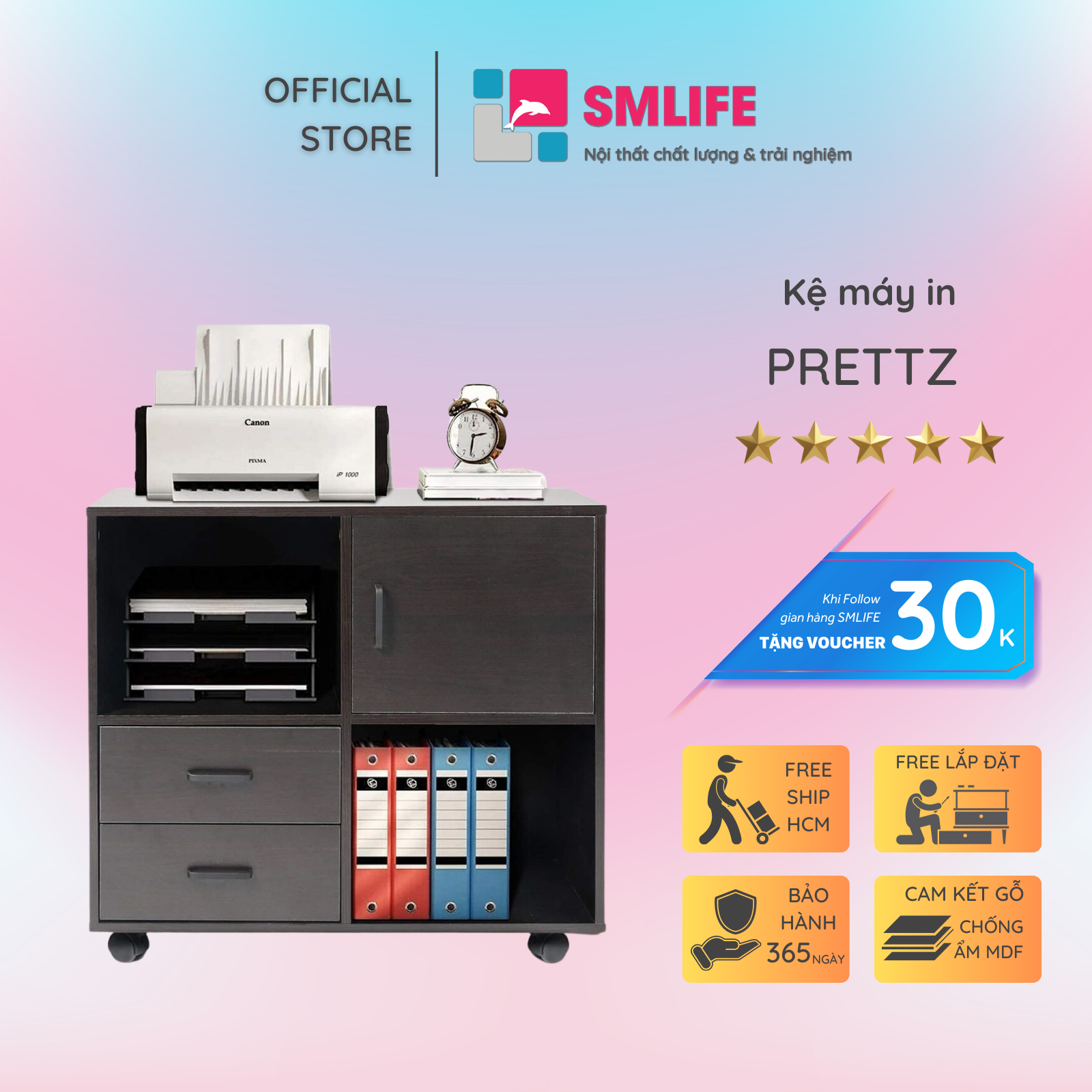 Kệ để máy in gỗ hiện đại SMLIFE Prettz | Gỗ MDF dày 17mm chống ẩm | D70xR35xC71cm