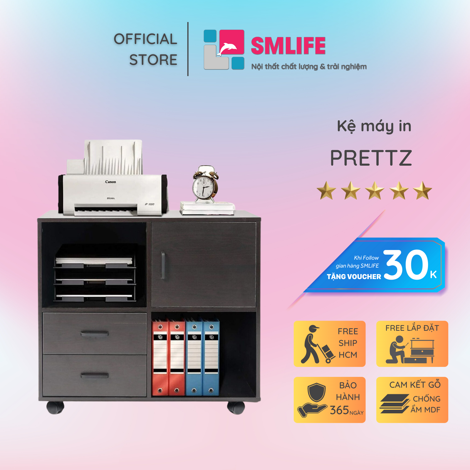 Kệ để máy in gỗ hiện đại SMLIFE Prettz  | Gỗ MDF dày 17mm chống ẩm | D70xR35xC71cm