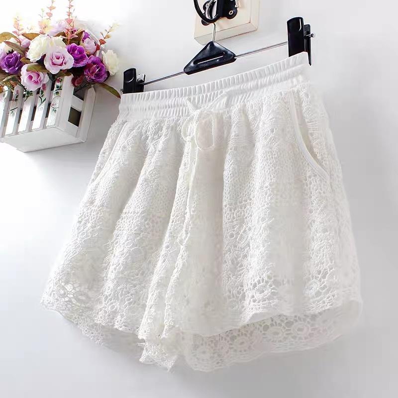 MS608 Quần short nữ ren hoa đan móc cạp chun đi biển