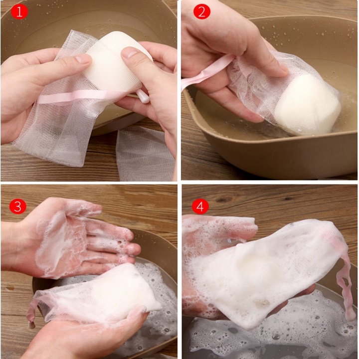 Túi lưới để xà bông tạo bọt, dày 2 lớp, có dây rút , túi tạo bọt xà phòng /Mesh Foaming Soap Bag