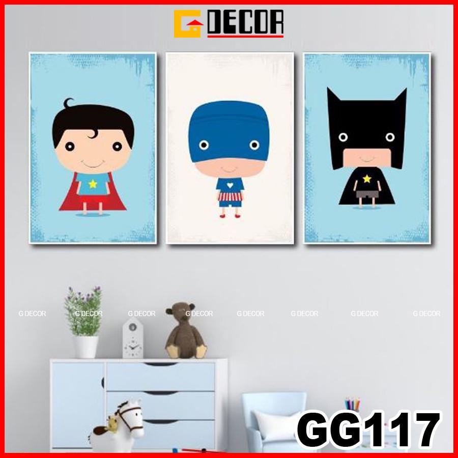 Tranh treo tường canvas 3 bức phong cách hiện đại Bắc Âu 117, tranh siêu nhân trang trí phòng cho bé, phòng khách, spa