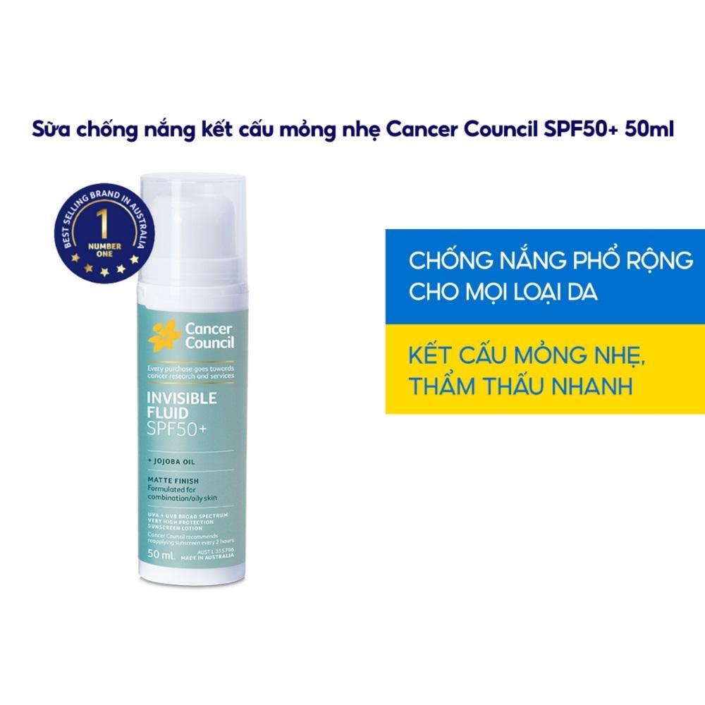 Sữa Chống Nắng Cancer Council Mỏng Nhẹ Dùng Hằng Ngày Invisible Fluid Matte SPF50+ PA++++ 50ml