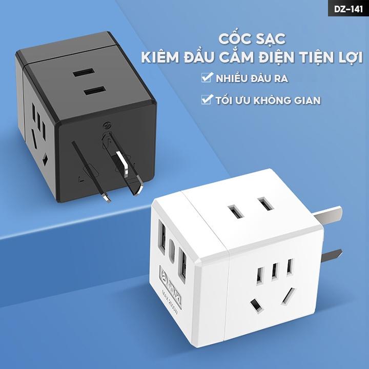 Phích Cắm Vuông Siêu Chịu Tải 1 Chia 3 Công Suất 2500w Kèm Theo Cổng Đầu Ra Usb Tiện Lợi DZ-141