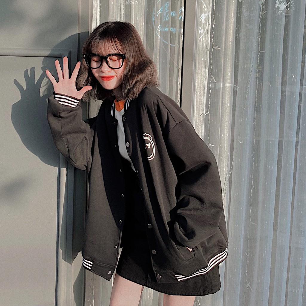 Áo Bomber Nam/ Áo Khoác Nỉ dày dặn Face đen form rộng Unisex Nam Nữ Ulzzang