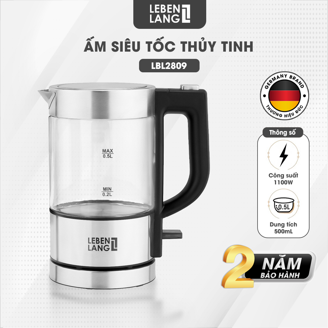 Ấm Siêu Tốc Thuỷ Tinh Cao Cấp Lebenlang 500ml LBL2809 Đun Siêu Nhanh - Hàng Chính Hãng