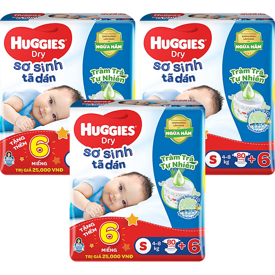 Combo 3 Tã dán sơ sinh Huggies mới (4kg-8kg) - Gói 80 miếng Tràm Trà + Tặng 6 miếng