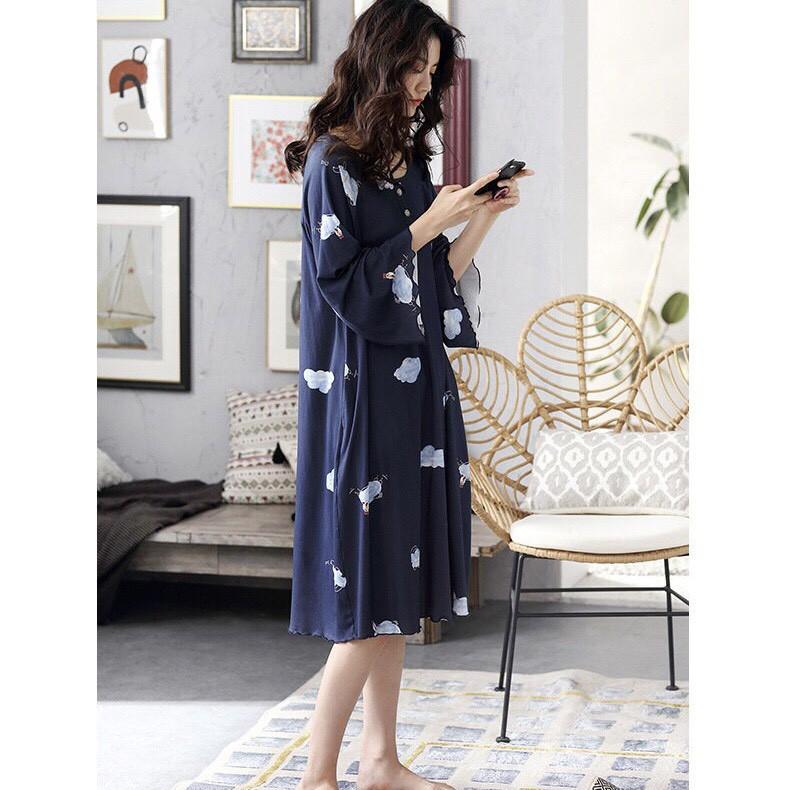 Váy ngủ, đầm ngủ thun cotton mềm mịn co giãn dáng lỡ tay buông họa tiết