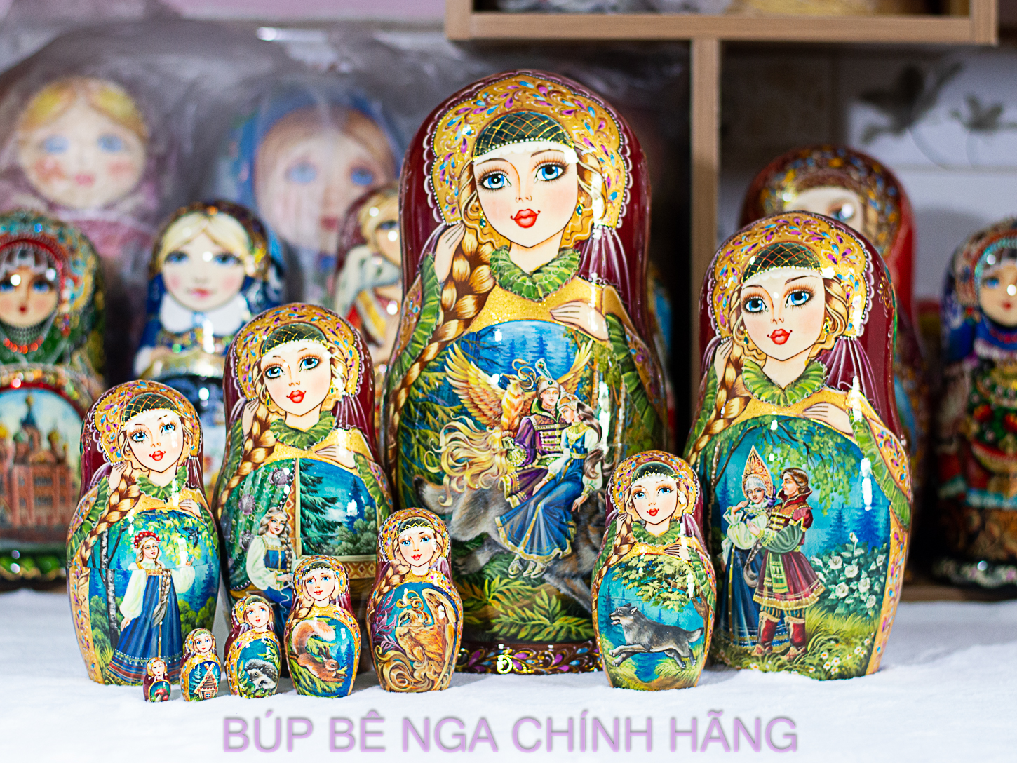 BỘ BÚP BÊ NGA MATRYOSHKA CAO CẤP 10 LỚP 26CM HOA VĂN "CHUYỆN CỔ TÍCH CHÀNG IVAN VÀ SÓI XÁM" CỰC ĐẸP VÀ SANG TRỌNG