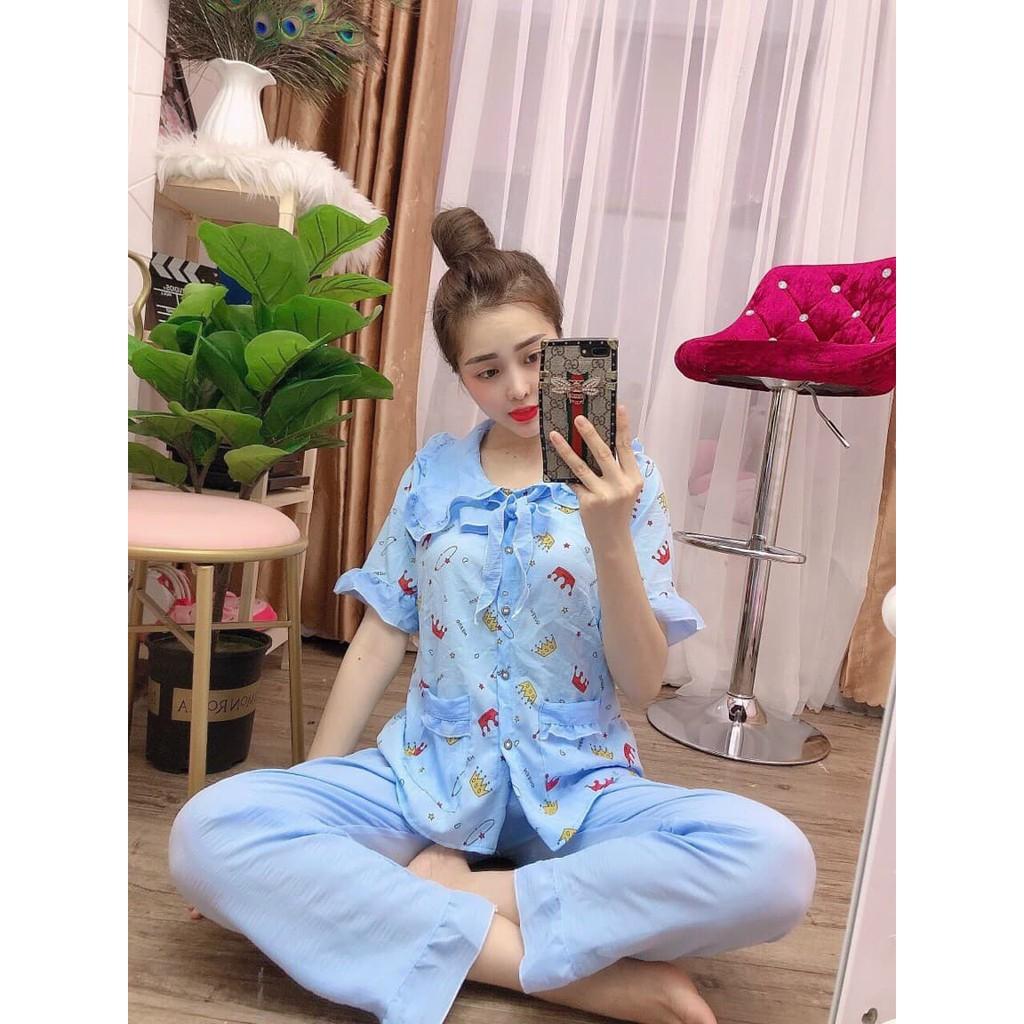 Bộ pijama đũi xốp tiểu thư cổ bèo, quần dài tay ngắn, 40 đến 59kg