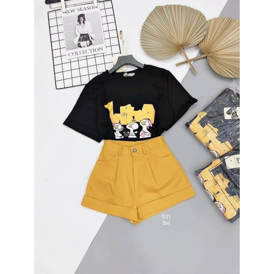 Sét đồ nữ áo thun in họa tiết hoạt hình phối quần đùi xắn gấu
