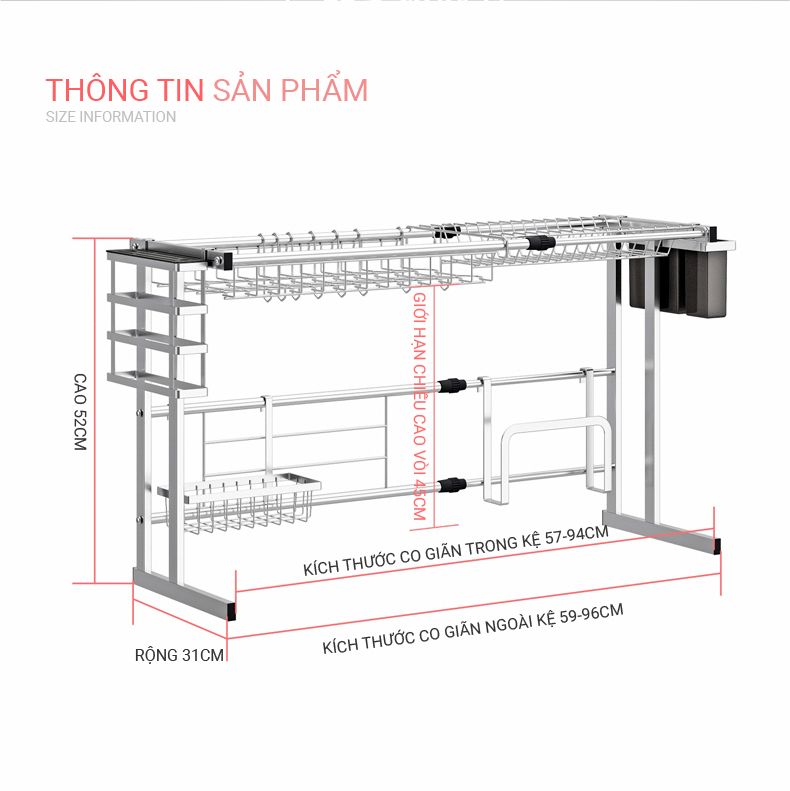 Kệ Chén Bát Đa Năng GIHOME Inox 304, Giá Bát Trên Bồn Rửa Ráo Nước Kèm Móc Treo Di Động Cho Nhà Bếp Sạch Sẽ Cao 52cm