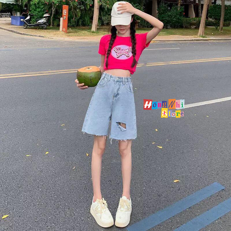 Quần Short Jean Ngố Đùi Rách Gối Cạp Cao Ống Rộng Ulzzang - MM