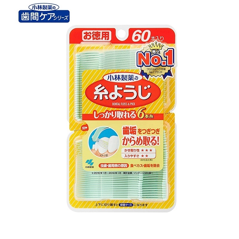 Set 60 chiếc tăm chỉ nha khoa Kobayashi, giúp lấy đi những thức ăn thừa lưu bám ở kẽ răng, chân nướu - nơi mà bàn chải đánh răng không thể chạm đến được - nội địa Nhật Bản