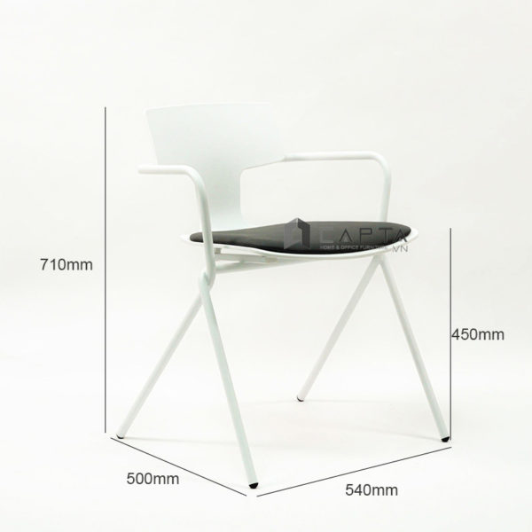 Ghế cafe thân nhựa màu trắng có nệm ngồi màu xám CC1558-F1 Ghế tiếp khách thân nhựa PP màu trắng nệm vải bố màu xám có tay tựa khung sắt sơn tĩnh điện