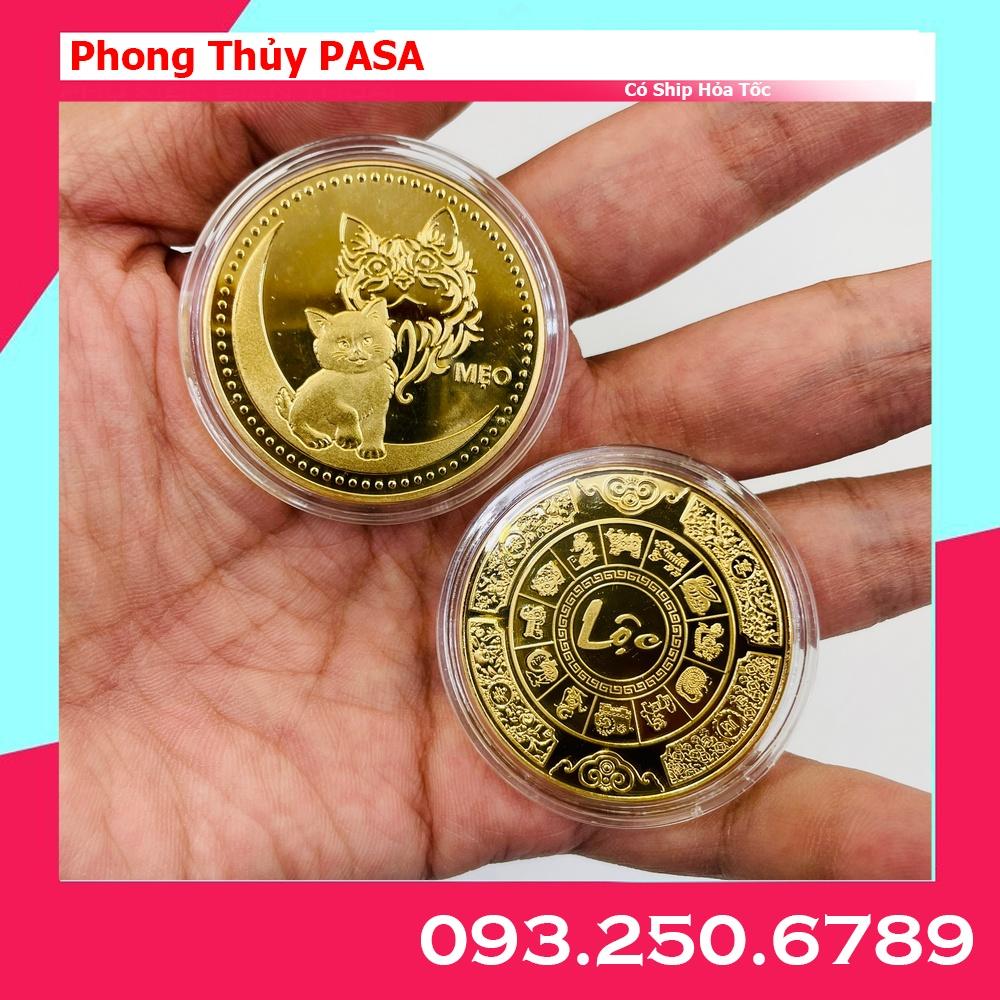 Sét 10 Đồng Xu Hình Mèo Vàng bằng kim loại, tặng kèm túi nhung đỏ LỘC, Tiền lì xì tết 2023 , NELI