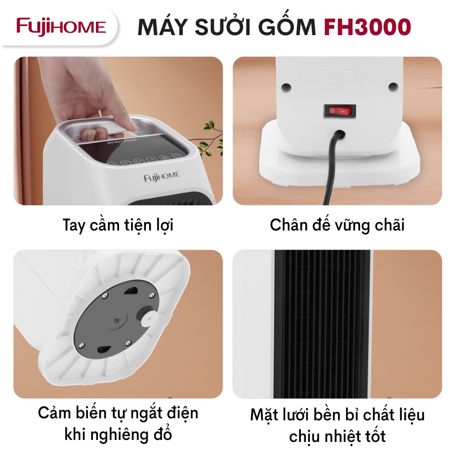 Máy sưởi gốm Nhật Bản FH3000 không khô da Fujihome, máy sưởi ấm điện không đốt oxy tiết kiệm điện tự ngắt không dầu - Hàng Nhập Khẩu