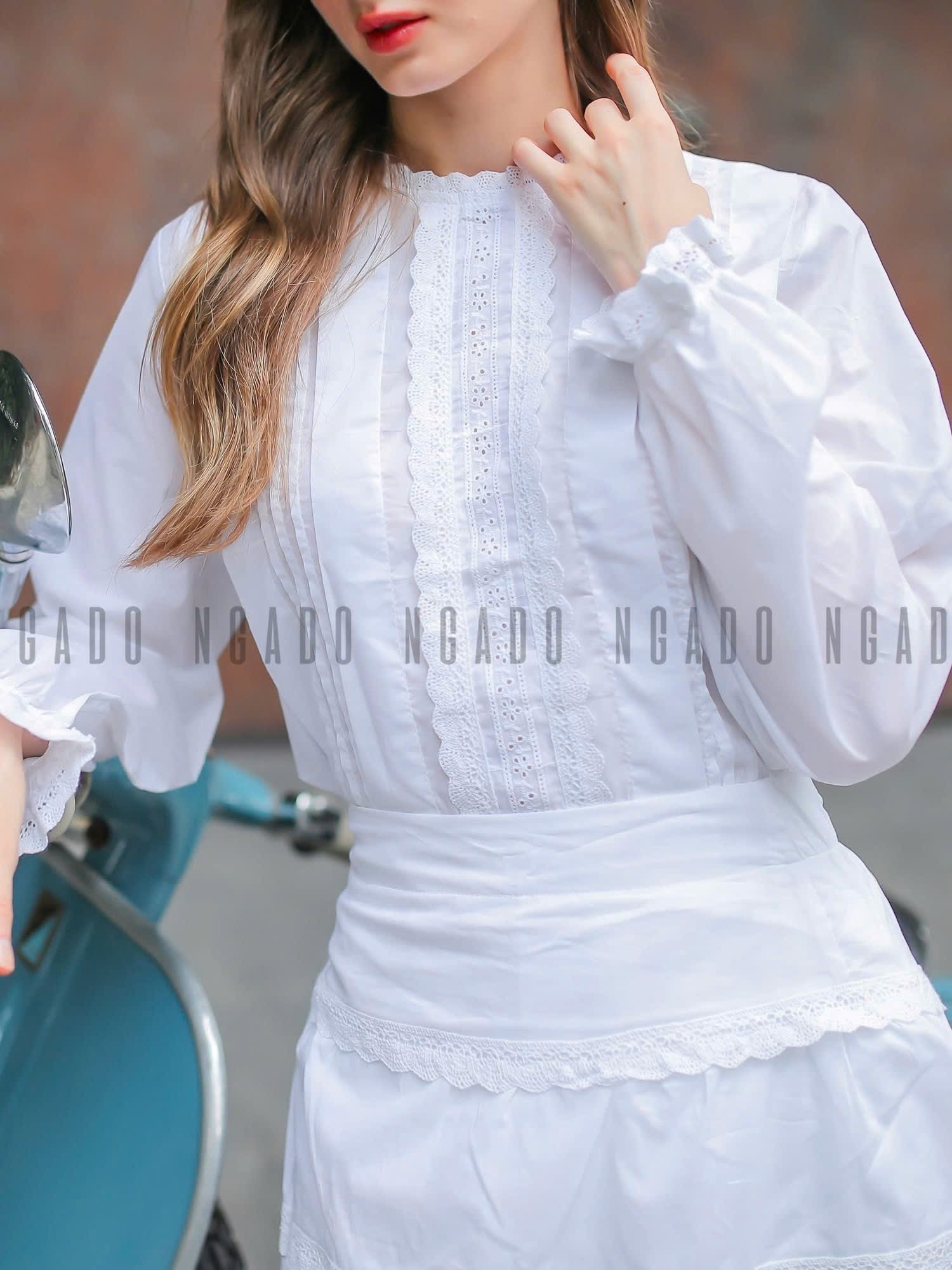 Set áo váy trắng phối ren NGADO , set áo váy trắng , set áo váy nữ
