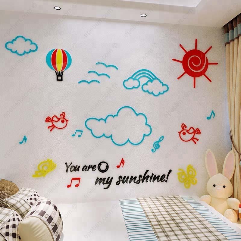 Tranh dán tường mica 3d decor khổ lớn bầu trời trong xanh và mây trắng trang trí mầm non, mẫu giáo, phòng cho bé