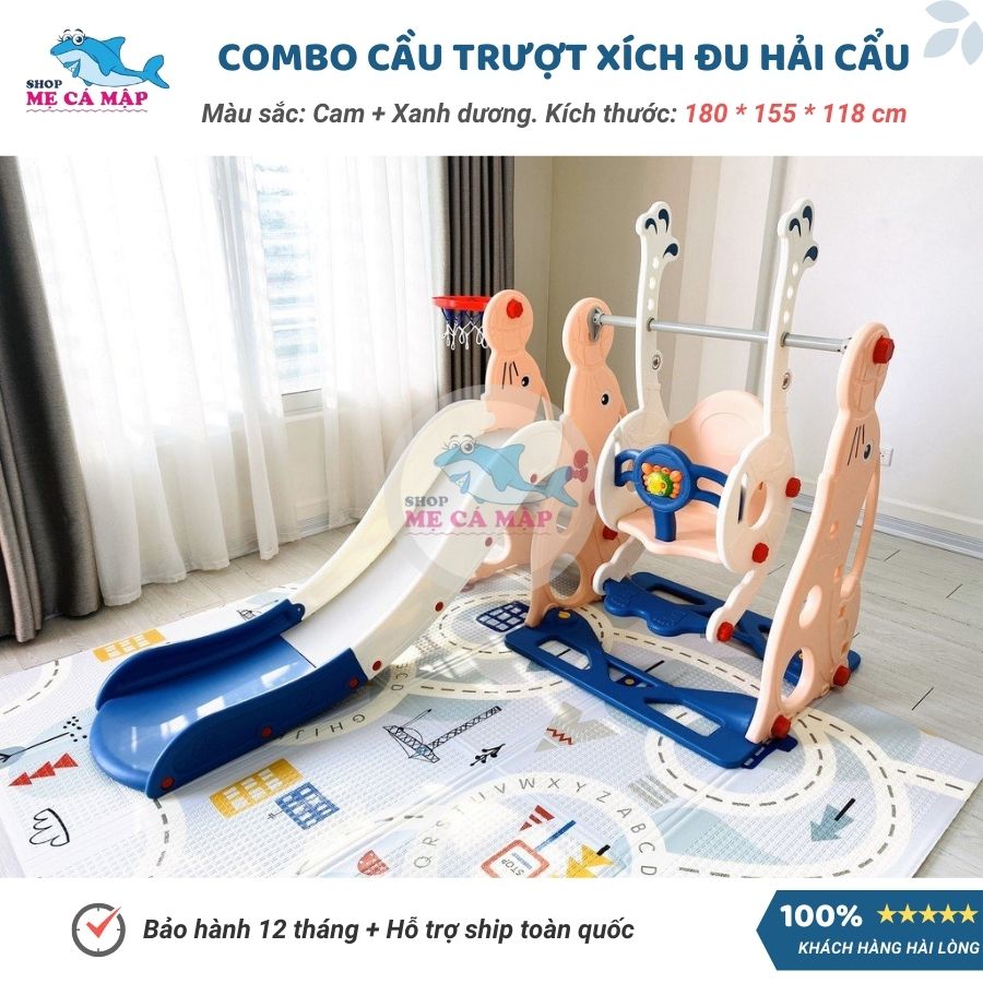 Combo cầu trượt xích đu Hải Cẩu, TẶNG KÈM BỘ BÓNG RỔ , cầu trượt cho bé chịu tải trọng 80kg