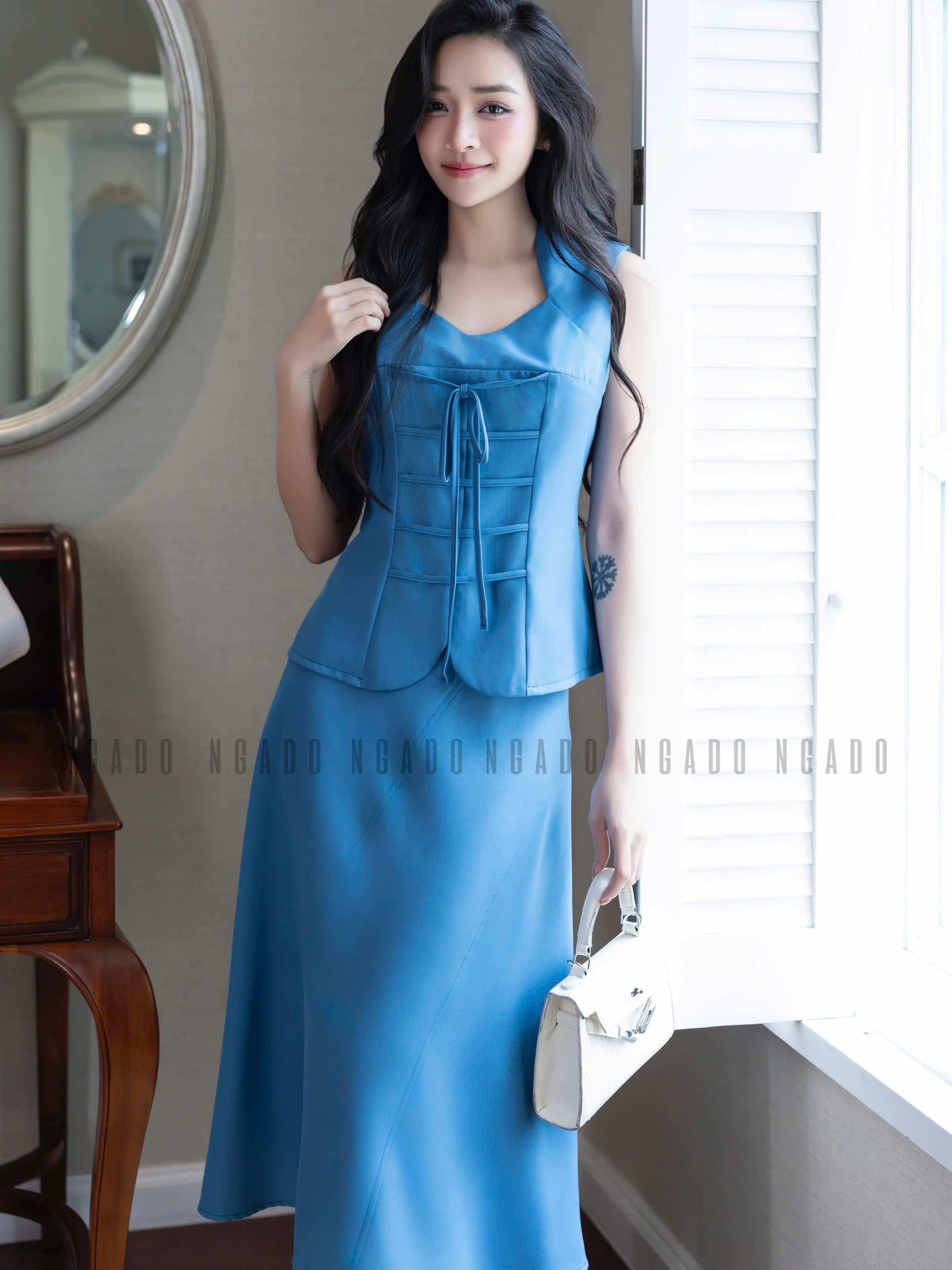 Set áo váy xanh sát nách NGADO , set áo váy , set dự tiệc , công sở