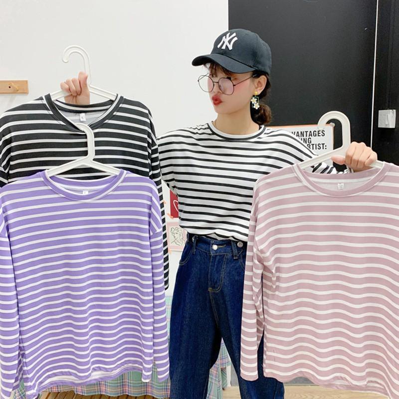 Áo Thun Nữ Tay Dài Họa Tiết Kẻ Sọc Ngang Thời Trang
