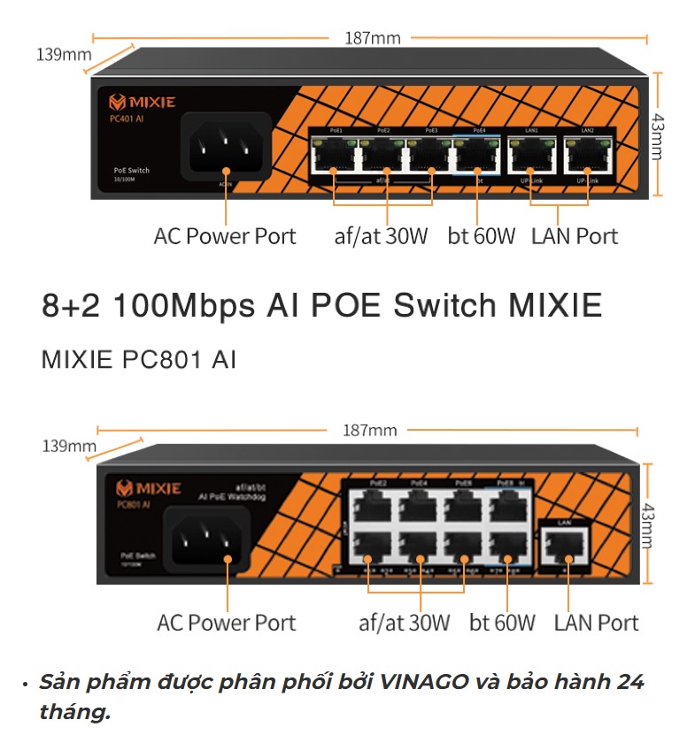 Switch Poe MIXE PC402-Mini gồm 4 cổng POE RJ45 10/100M và 2 cổng UPlink tốc độ 10/100m - Hàng Chính Hãng