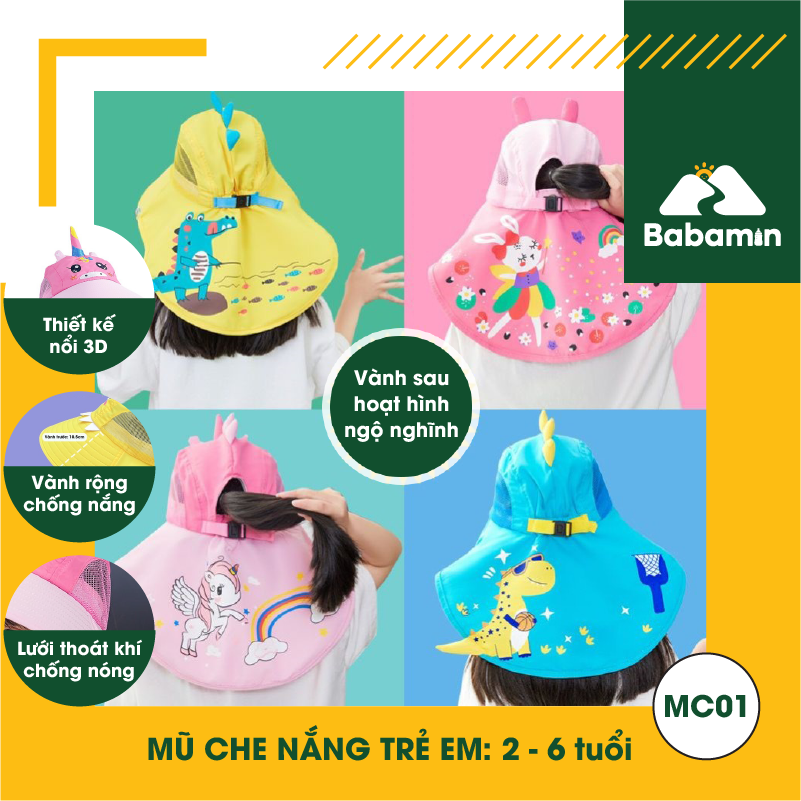 Mũ Chống Nắng Cho Trẻ Em 2 - 6 Tuổi, Họa Tiết 3D cho bé trai, bé gái - Babamin - MC01