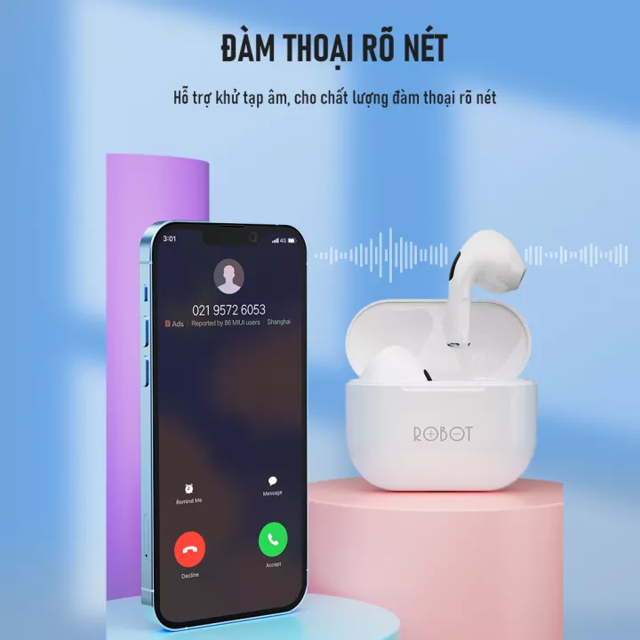 Tai Nghe Bluetooth True Wireless ROBOT T50 In Ear - Chống Nước IPX4, Thời Gian Sử Dụng Lên Đến 35h - Hàng Chính Hãng