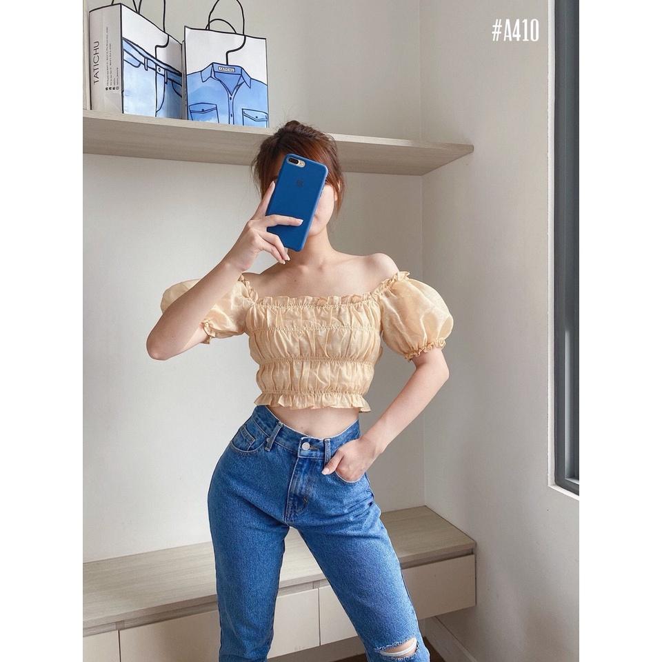 (ẢNH THẬT) Áo croptop ánh kim trễ vai tay phồng có 2 màu freesize mặc được 2 kiểu