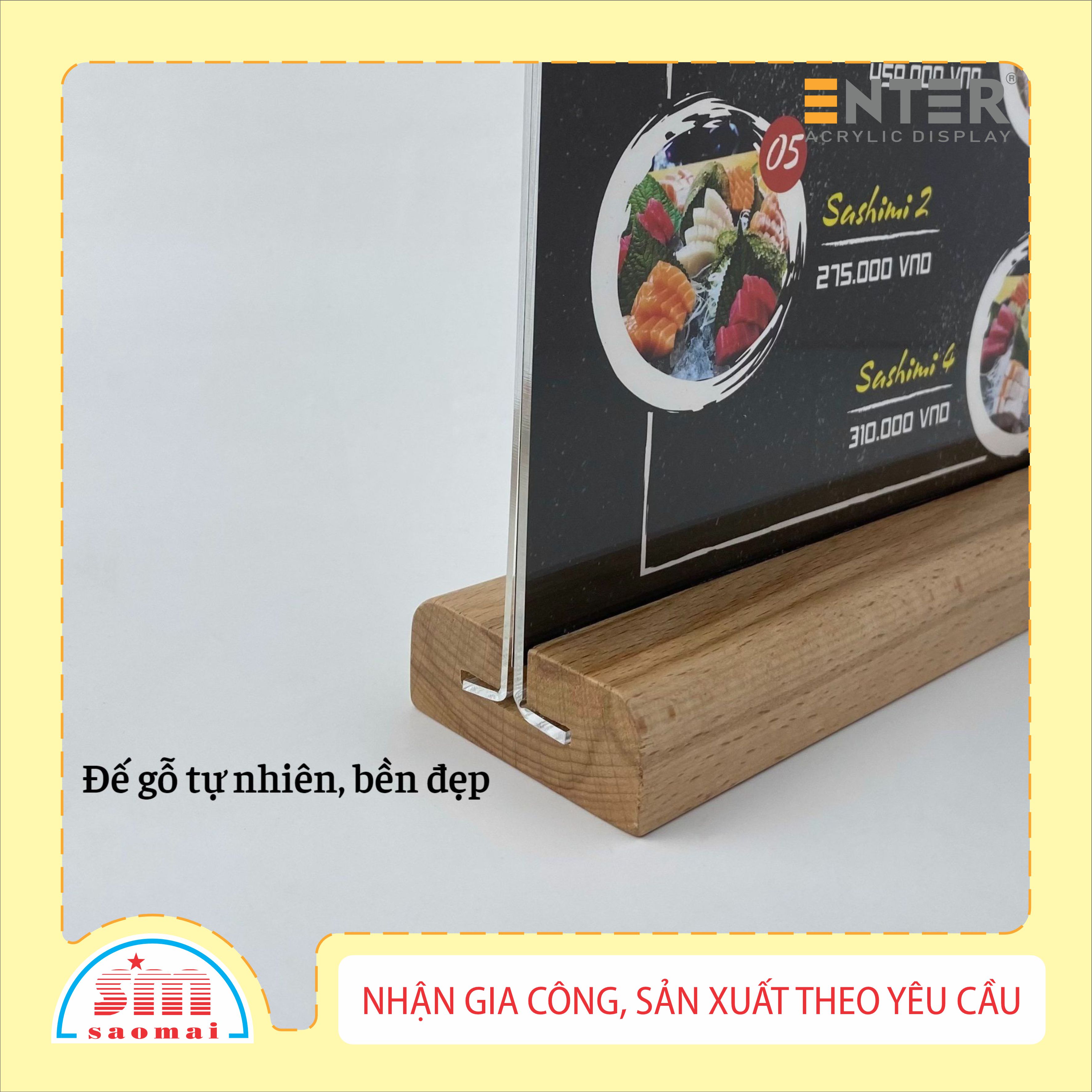 Kệ mica 2 mặt Enter E44 100x150mm đế gỗ A6 đứng